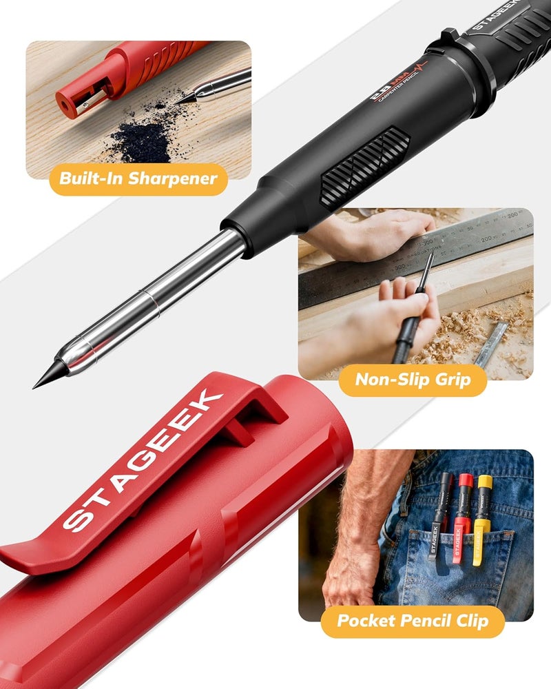 STAGEEK 3 Pack Carpenter Pencils with Sharpener, Mechanical Carpenter Pencils with 57 Refills, construction pencil heavy duty Woodworking Tools, Deep Hole Long Nib Marker Pens for Architect Marking - Image 4